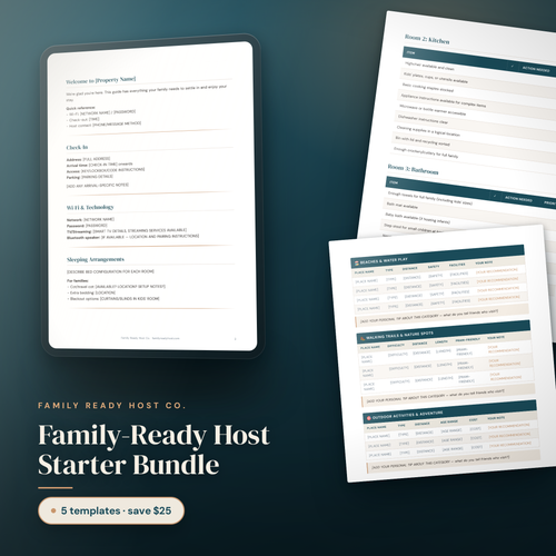 Family-Ready Host Starter Bundle — editable Canva template shown on tablet and in print