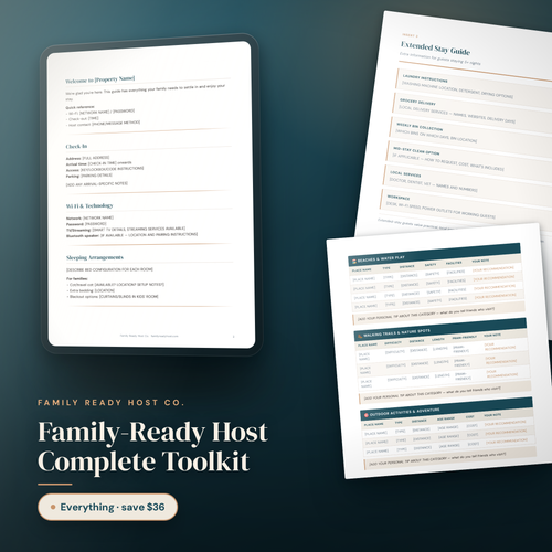 Family-Ready Host Complete Toolkit — editable Canva template shown on tablet and in print