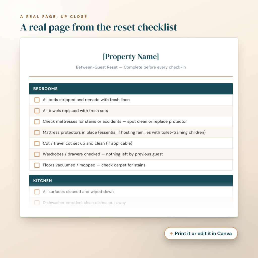 A real page from the Between-Guest Reset Checklist up close