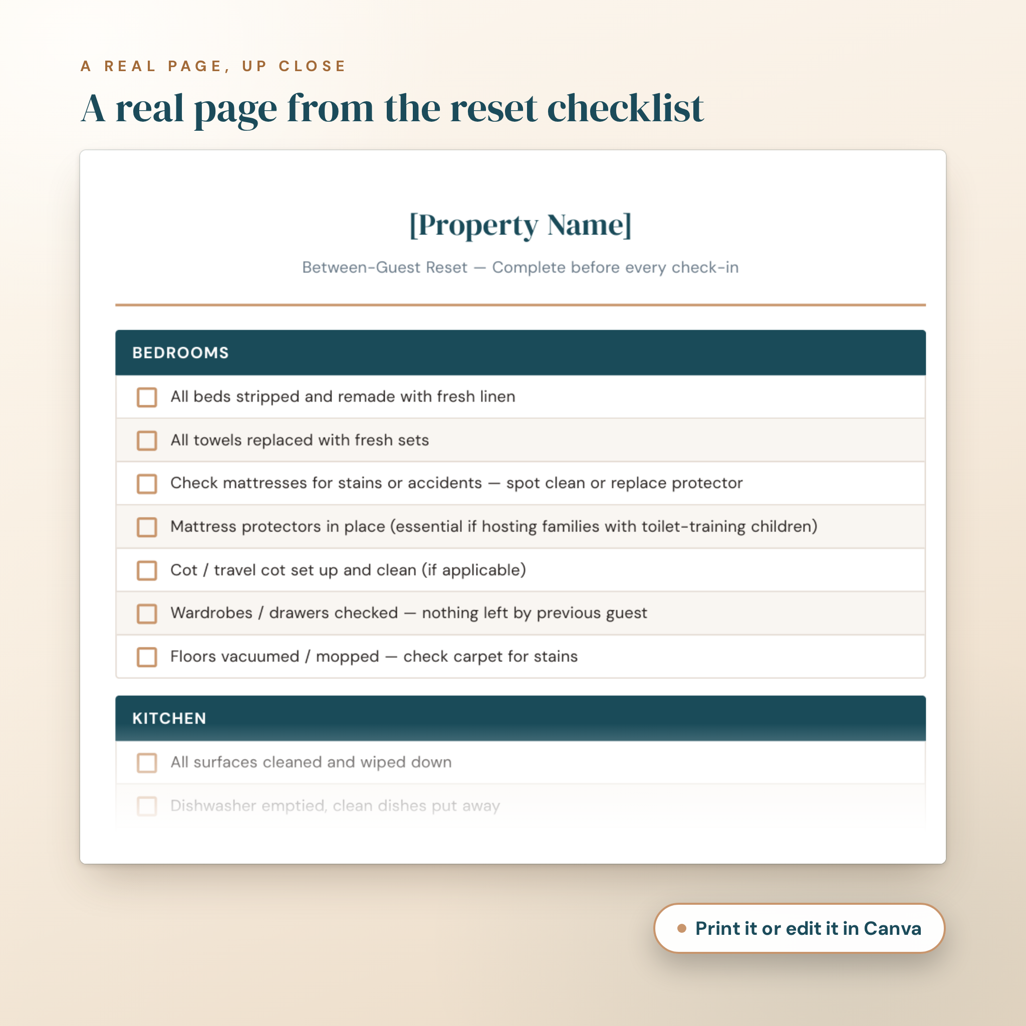 A real page from the Between-Guest Reset Checklist up close