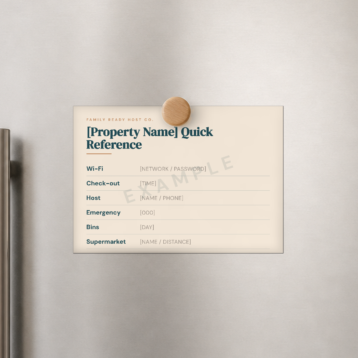 The quick-reference fridge card from the Bundle Add-Ons Pack, shown as an example
