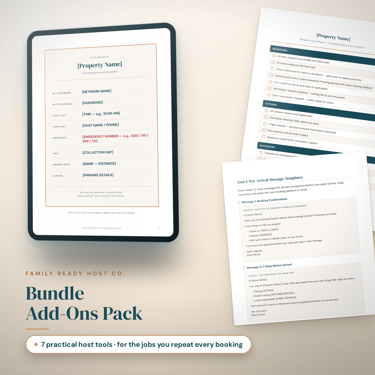 Bundle Add-Ons Pack, seven practical host tools including fridge card, house rules and reset checklist
