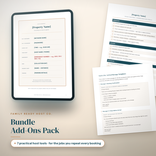 Bundle Add-Ons Pack, seven practical host tools including fridge card, house rules and reset checklist