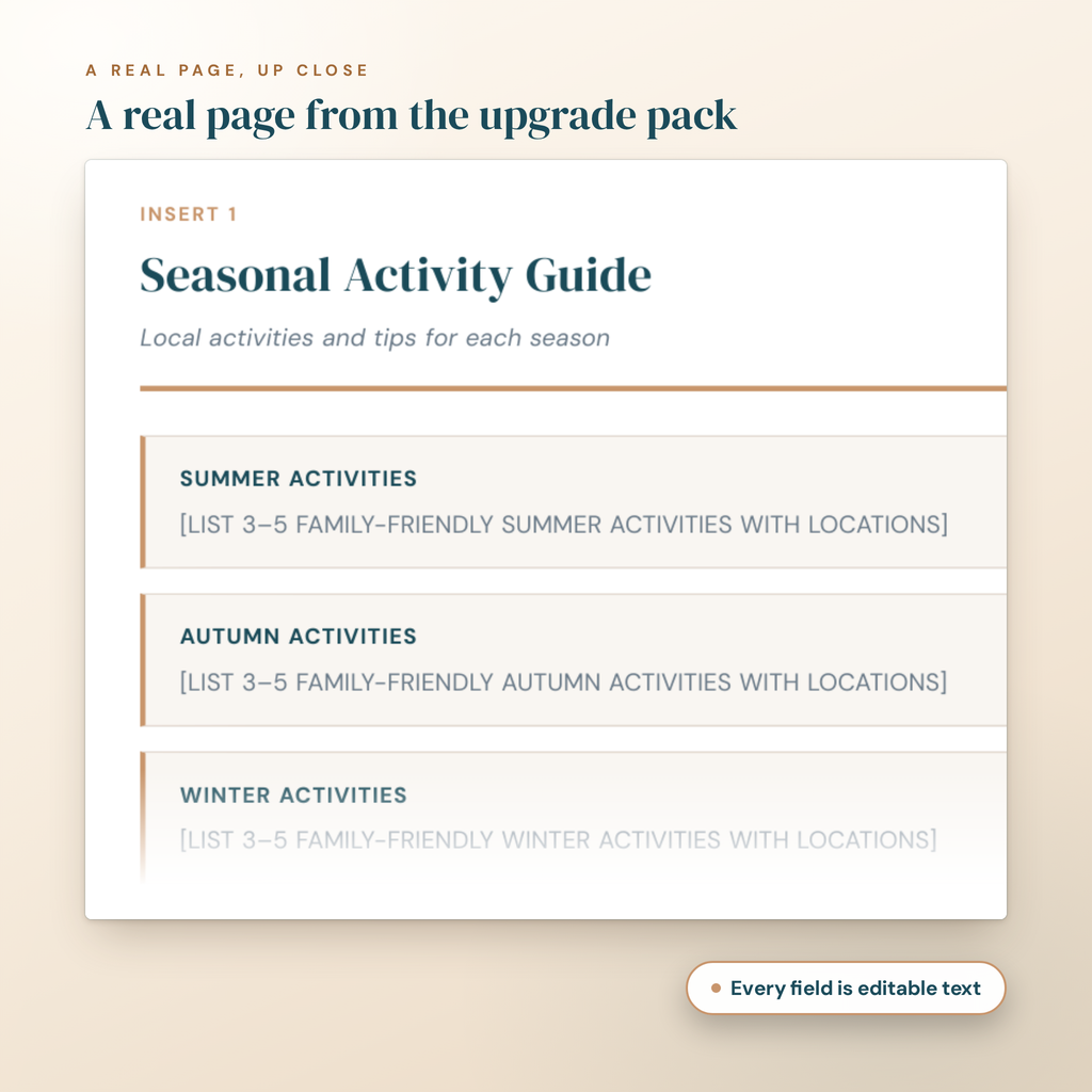 A real page from the Welcome Guide Upgrade Pack inserts up close, showing editable fields