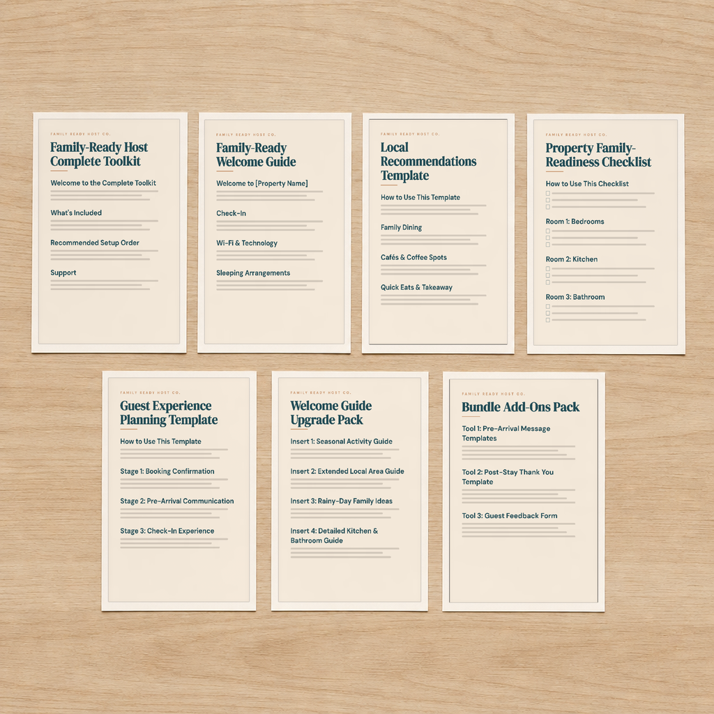 Family-Ready Host Complete Toolkit - all seven templates laid out