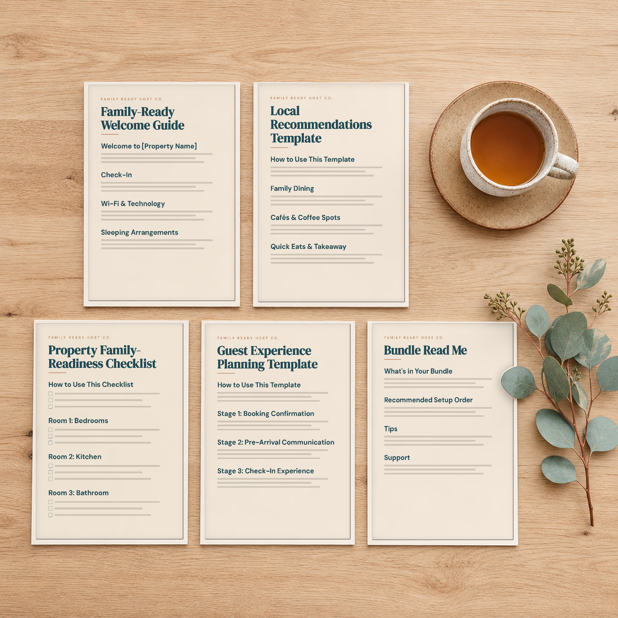 Family-Ready Host Starter Bundle - all five templates laid out on a table