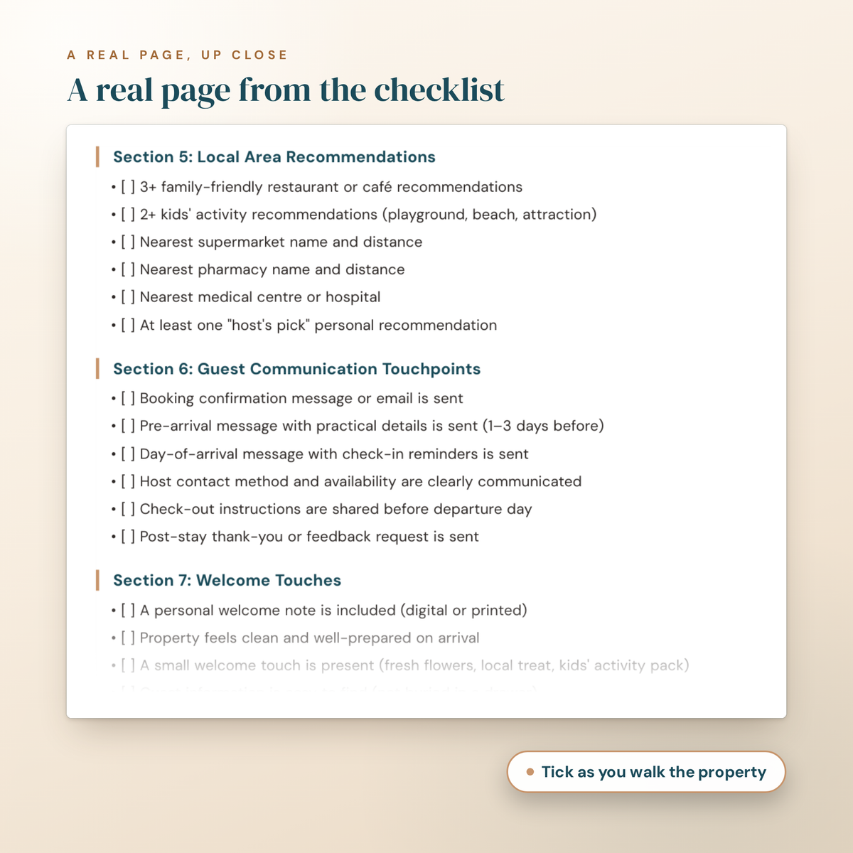 A real page from the free checklist, local area and welcome touches