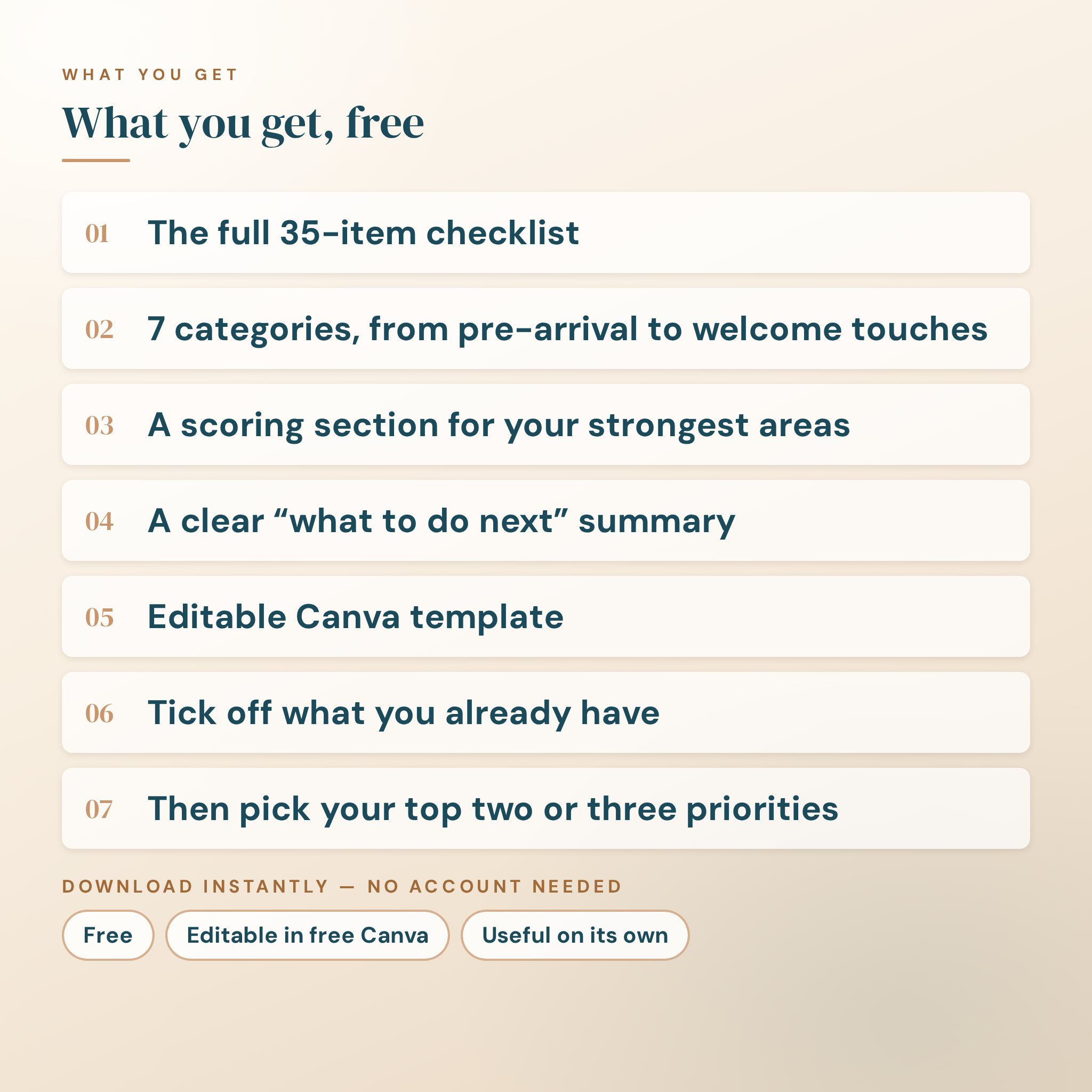What you get free: 35-item checklist, 7 categories, scoring section, what to do next