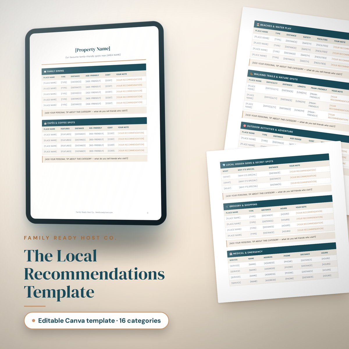 The Local Recommendations Template, an editable Canva template with 16 categories