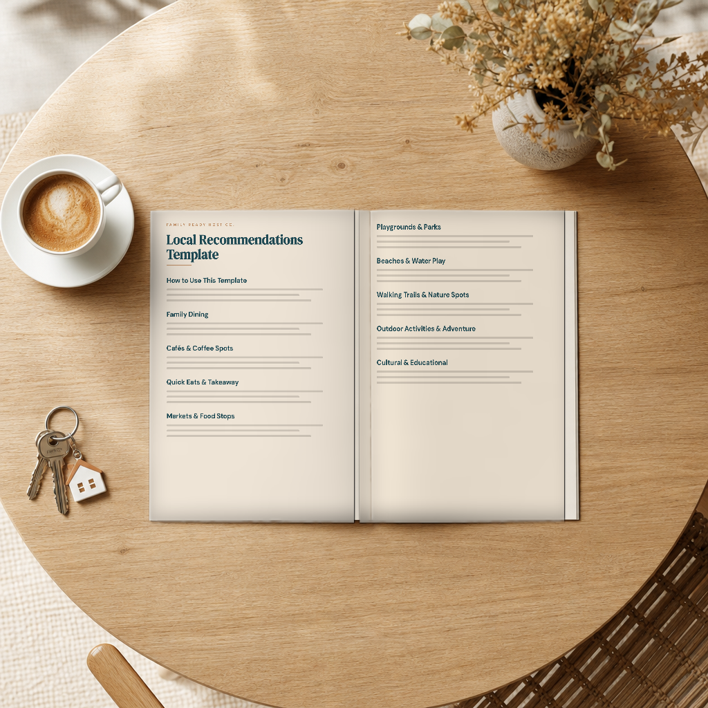 Local Recommendations Template open on a table, page 1 and page 2