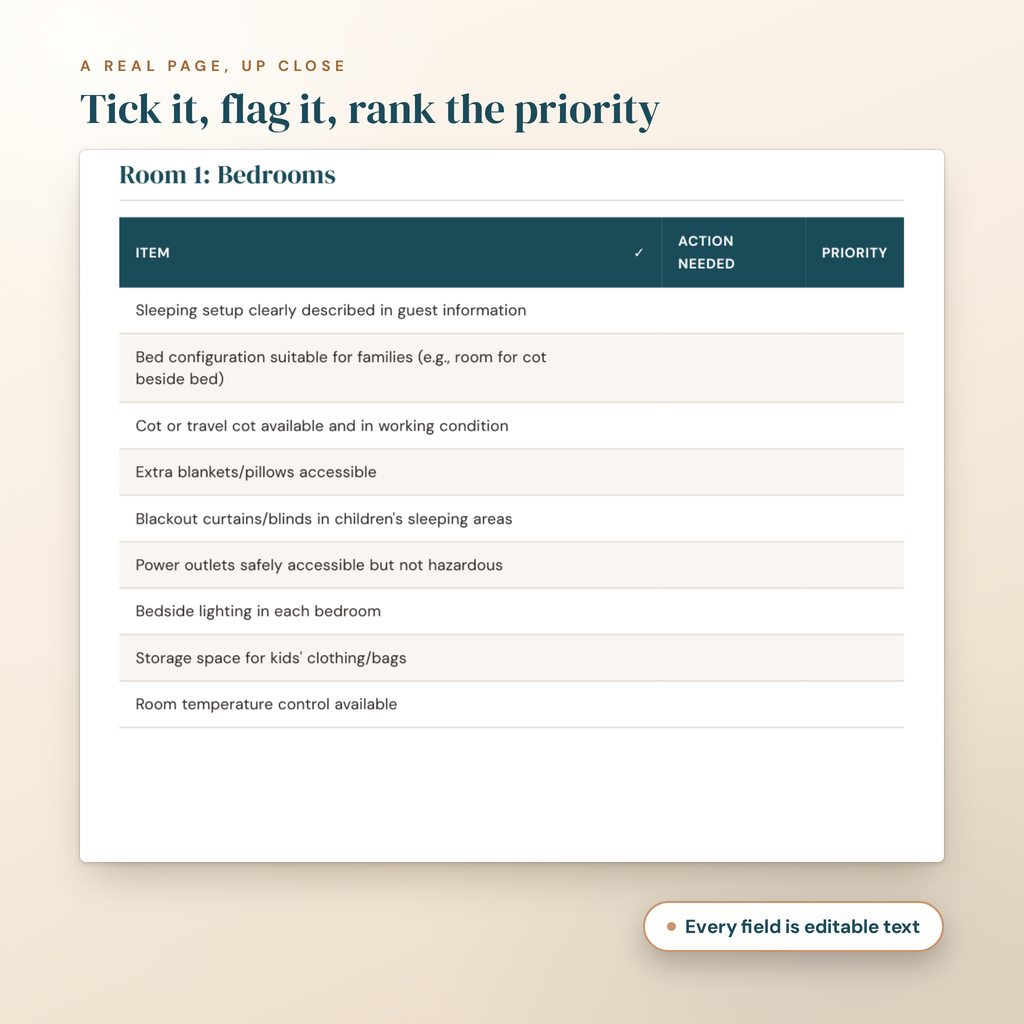 A real page of the Property Family-Readiness Checklist up close, showing the tick, action needed and priority columns