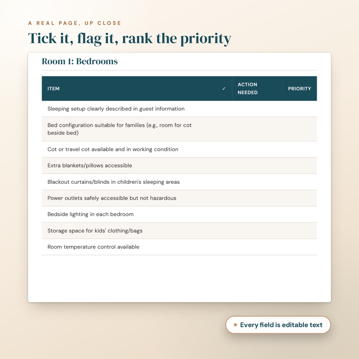 A real page of the Property Family-Readiness Checklist up close, showing the tick, action needed and priority columns