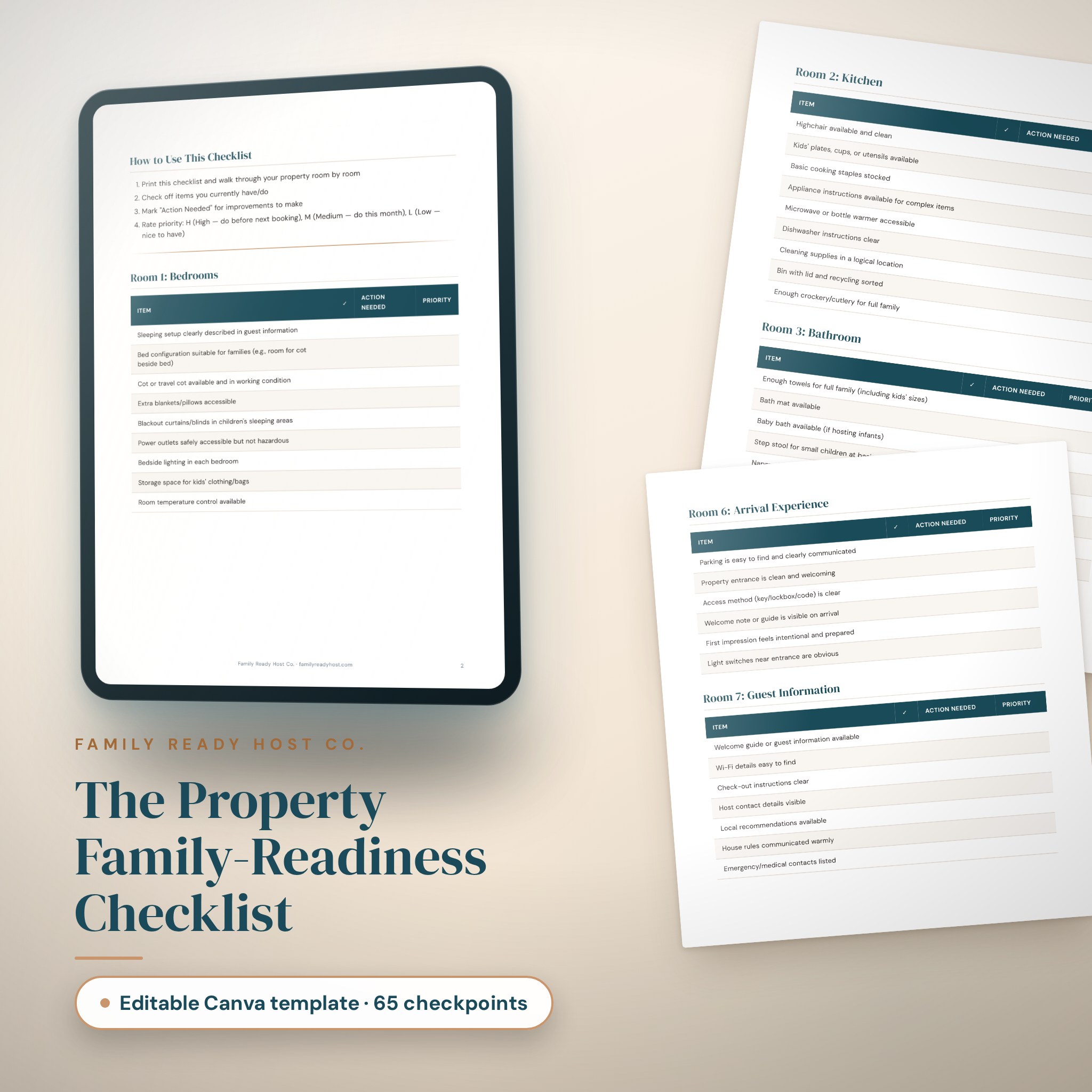 The Property Family-Readiness Checklist, an editable Canva template with 65 checkpoints
