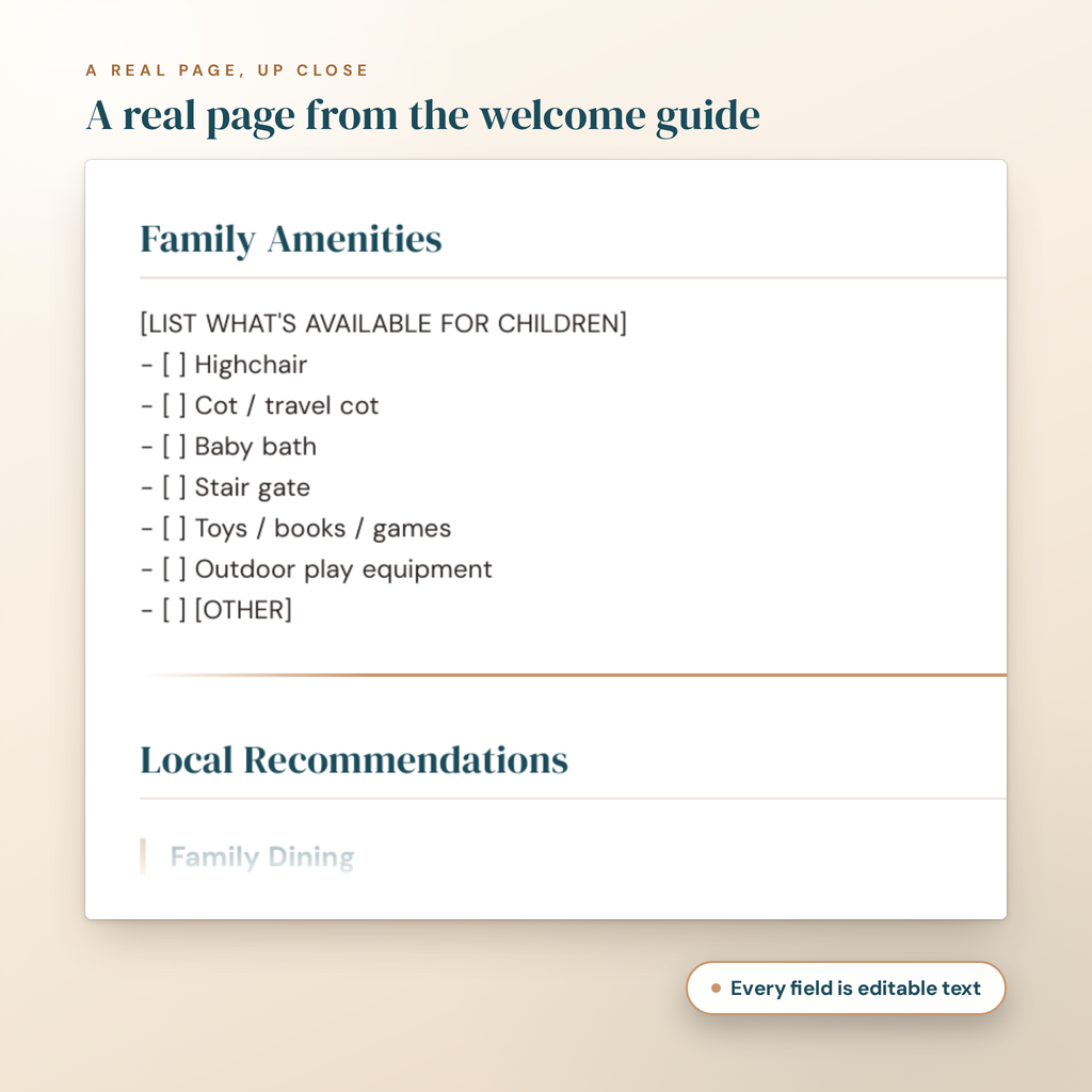 A real page from the bundle's welcome guide template up close, showing editable text fields