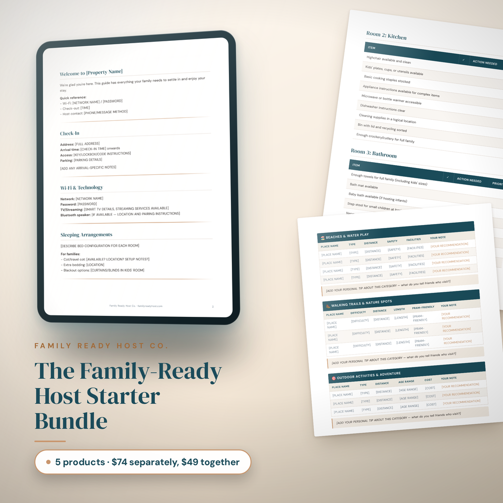 The Family-Ready Host Starter Bundle, five editable Canva templates for family-ready short stays