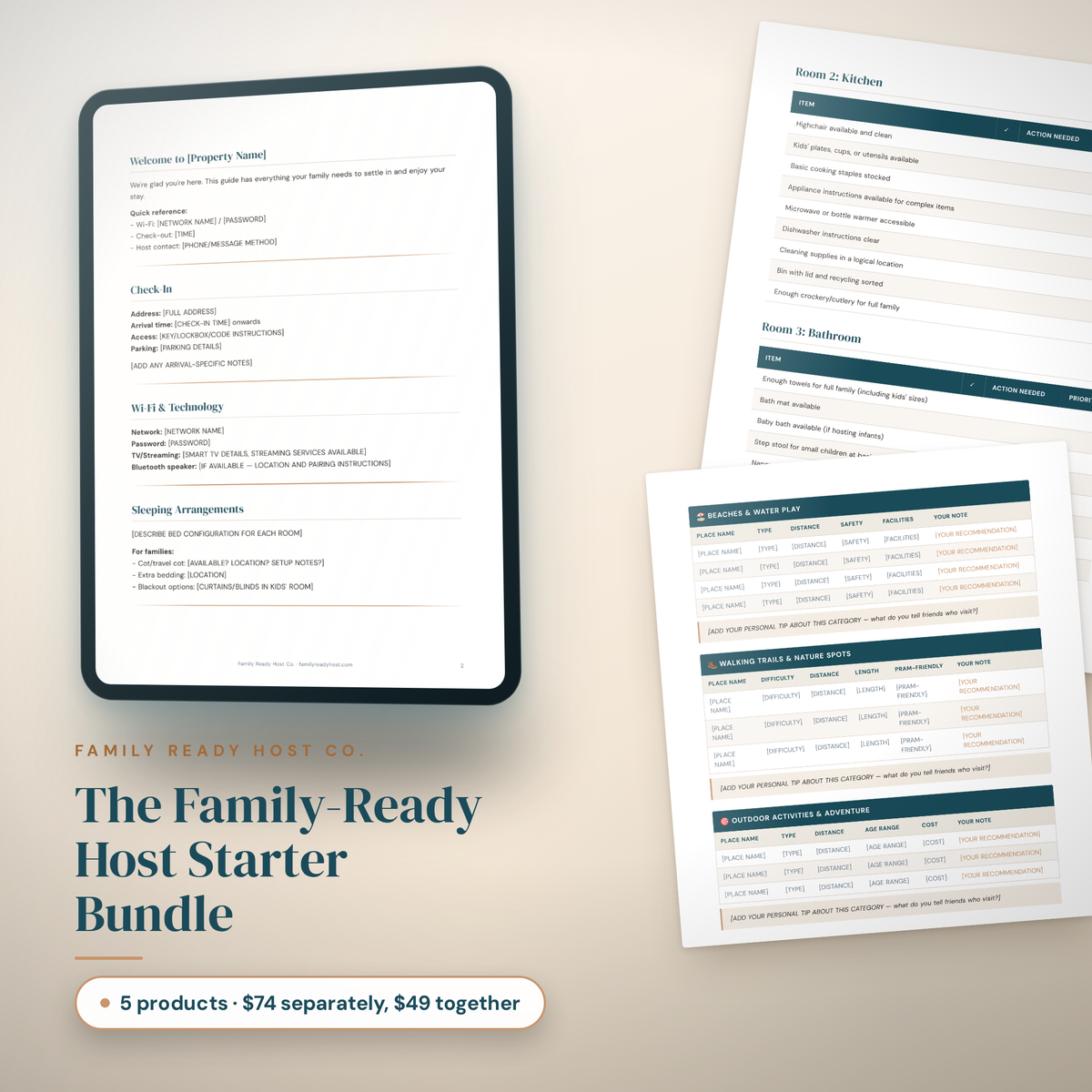 The Family-Ready Host Starter Bundle, five editable Canva templates for family-ready short stays