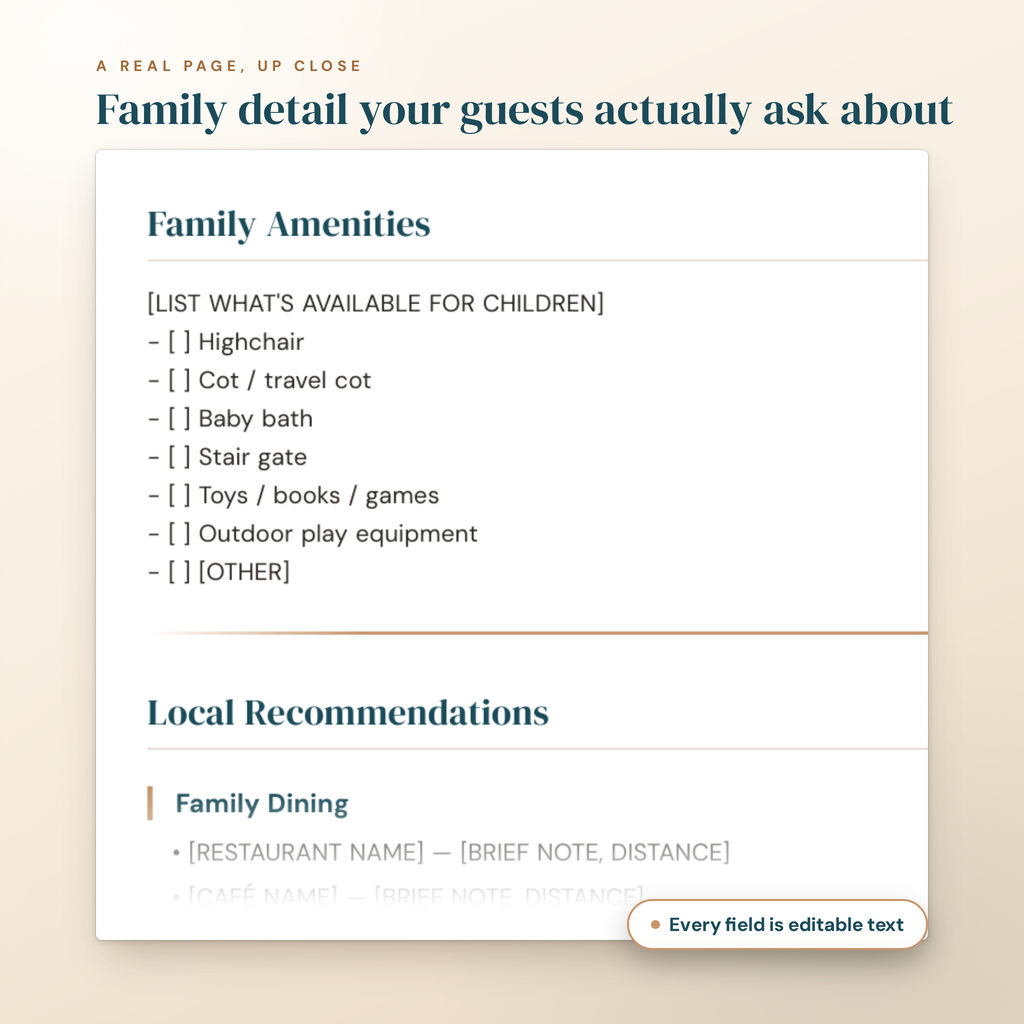 A real page of the Family-Ready Welcome Guide up close, showing the family amenities and local recommendations fields