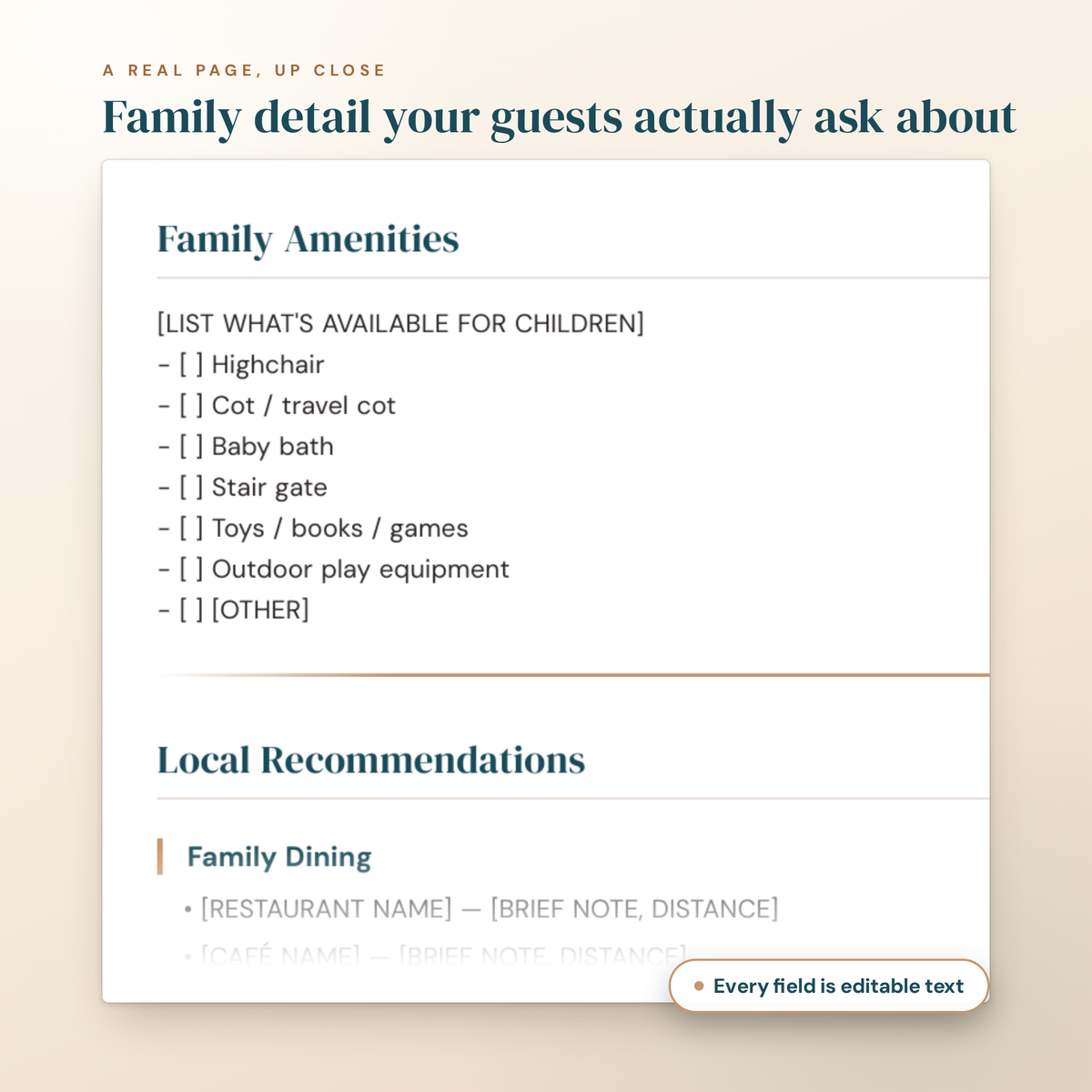 A real page of the Family-Ready Welcome Guide up close, showing the family amenities and local recommendations fields
