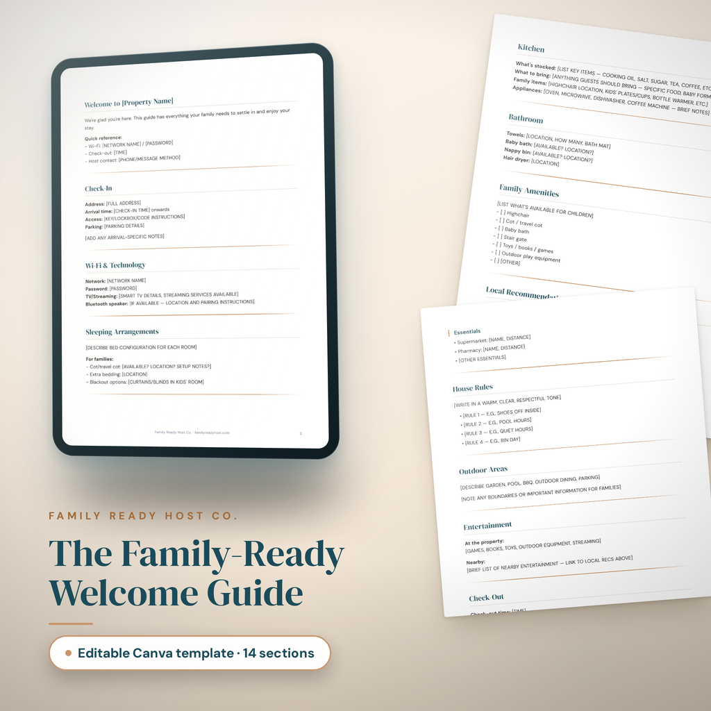 The Family-Ready Welcome Guide, an editable Canva template with 14 sections