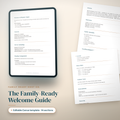 The Family-Ready Welcome Guide, an editable Canva template with 14 sections