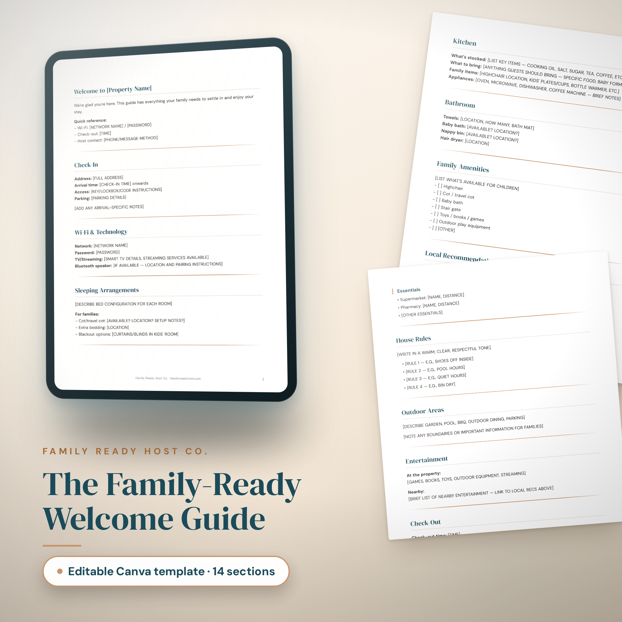 The Family-Ready Welcome Guide, an editable Canva template with 14 sections