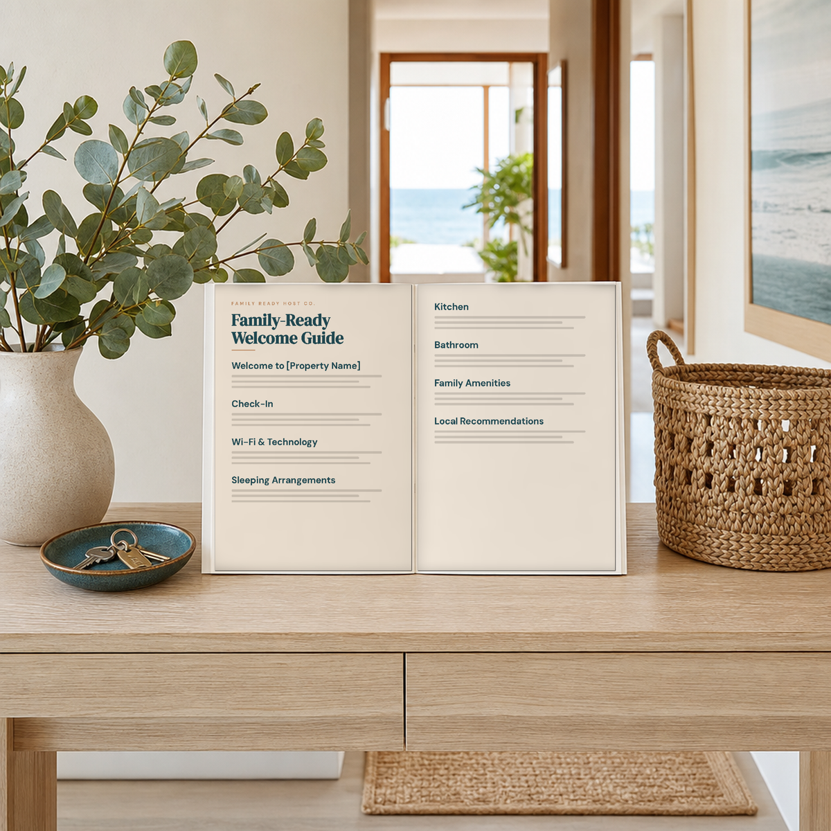 The Family-Ready Welcome Guide open on an entryway table