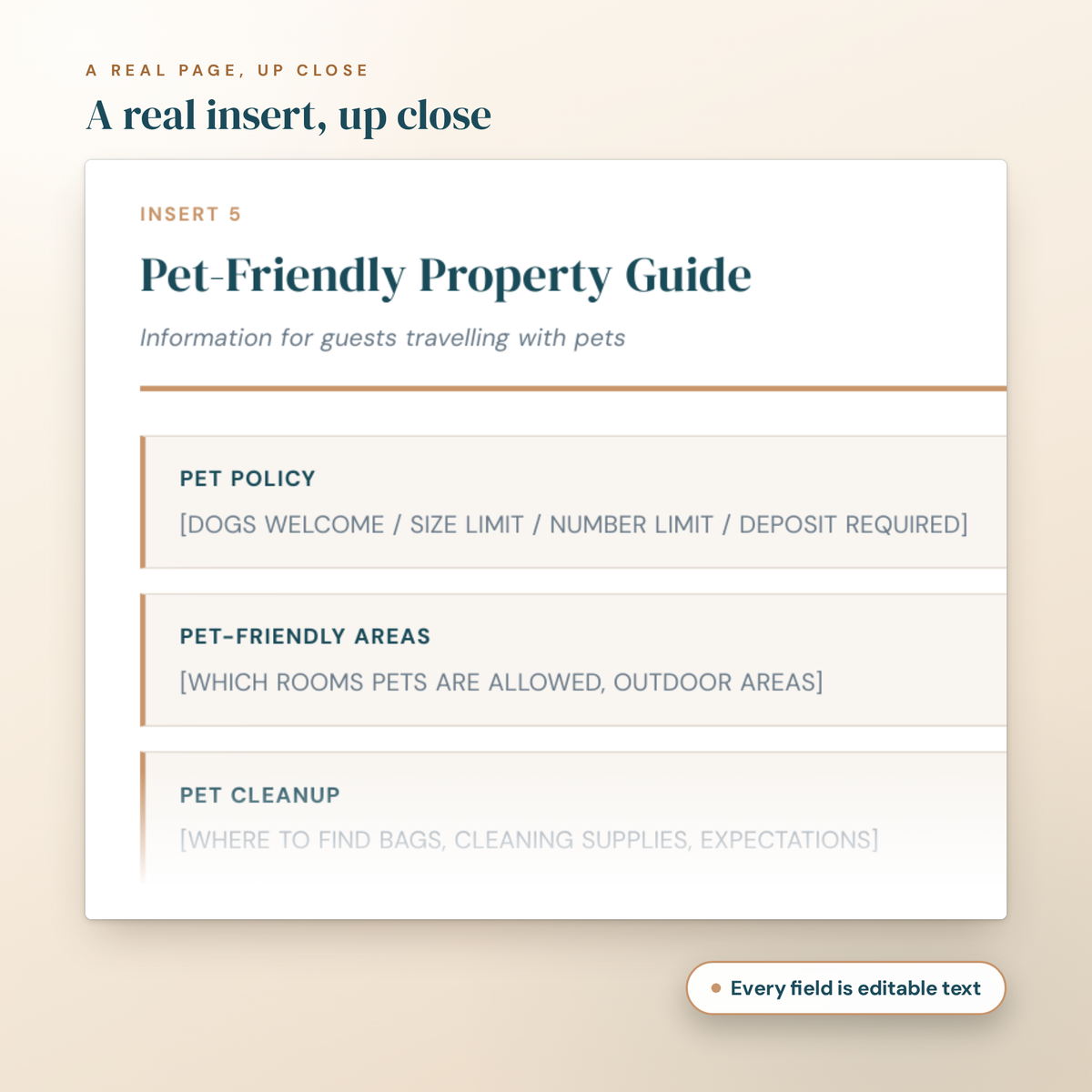 A real page from the Pet-Friendly Property Guide insert up close, showing editable fields