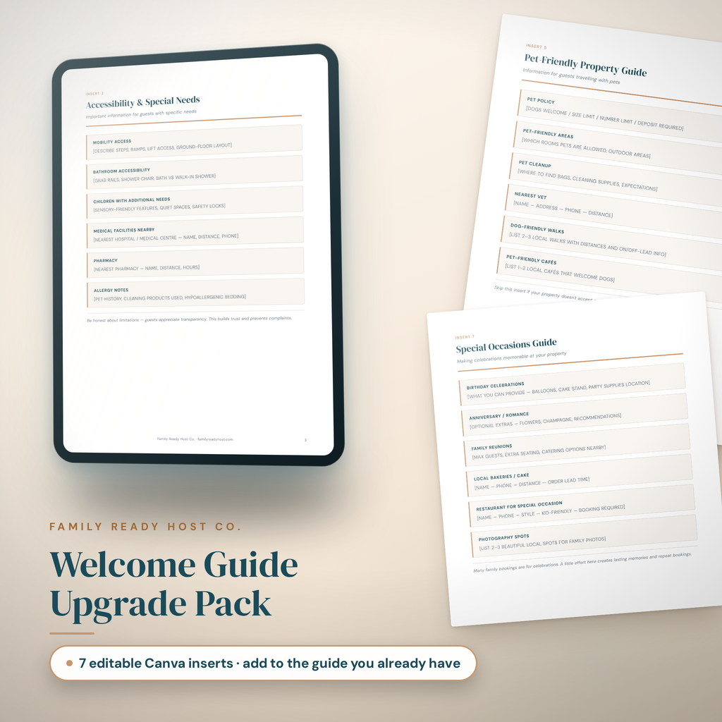 Welcome Guide Upgrade Pack, seven editable Canva insert templates for family-ready short stays