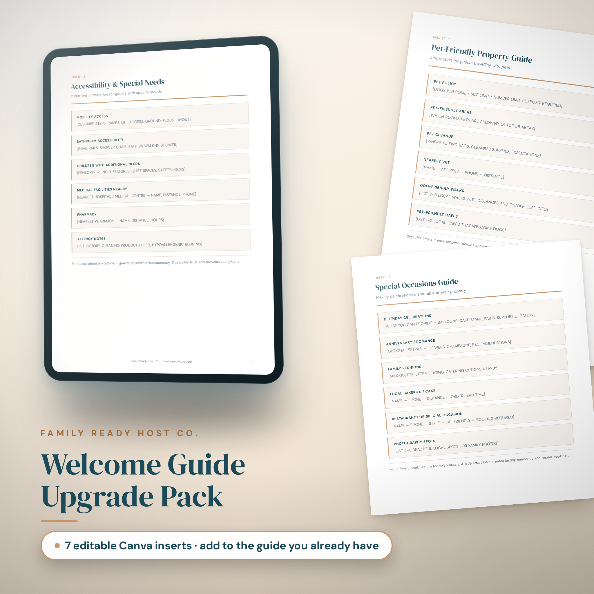 Welcome Guide Upgrade Pack, seven editable Canva insert templates for family-ready short stays