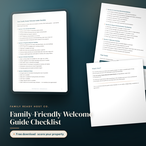 Family-Friendly Welcome Guide Checklist — editable Canva template shown on tablet and in print