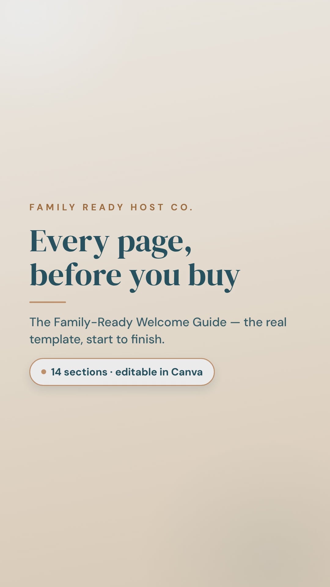 Every page of the Family-Ready Welcome Guide, scrolling from the cover to check-out, with captions