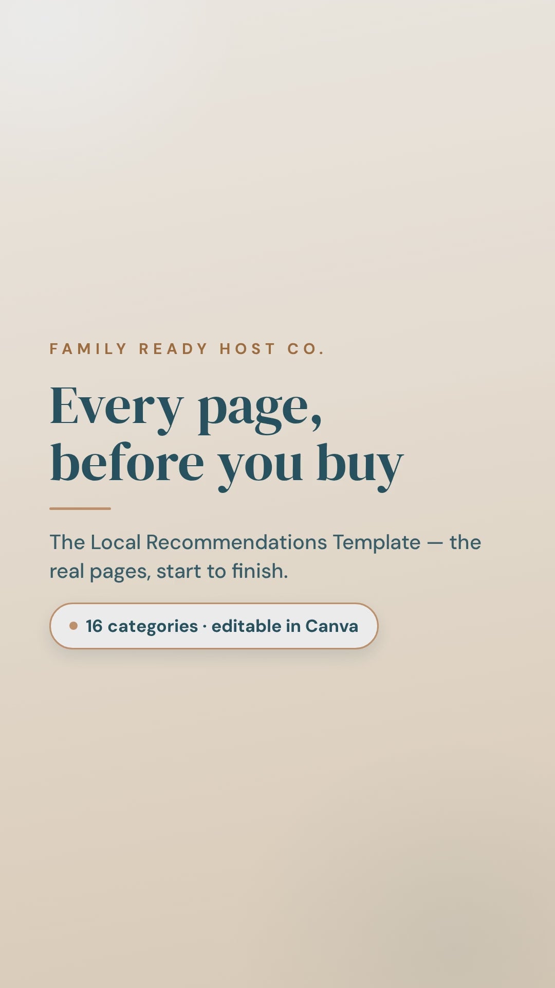 Every page of the Local Recommendations Template, scrolling from the cover through all 16 categories, with captions