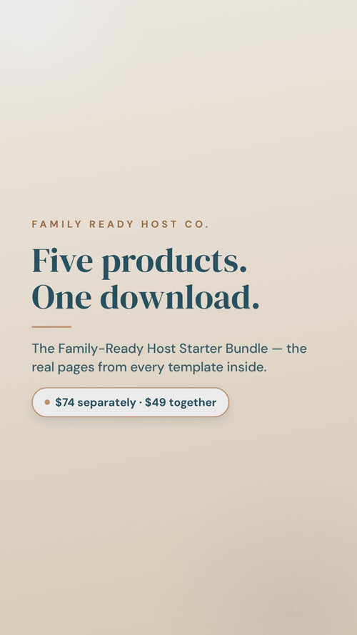 Real pages from all five products in the Family-Ready Host Starter Bundle, scrolling with captions